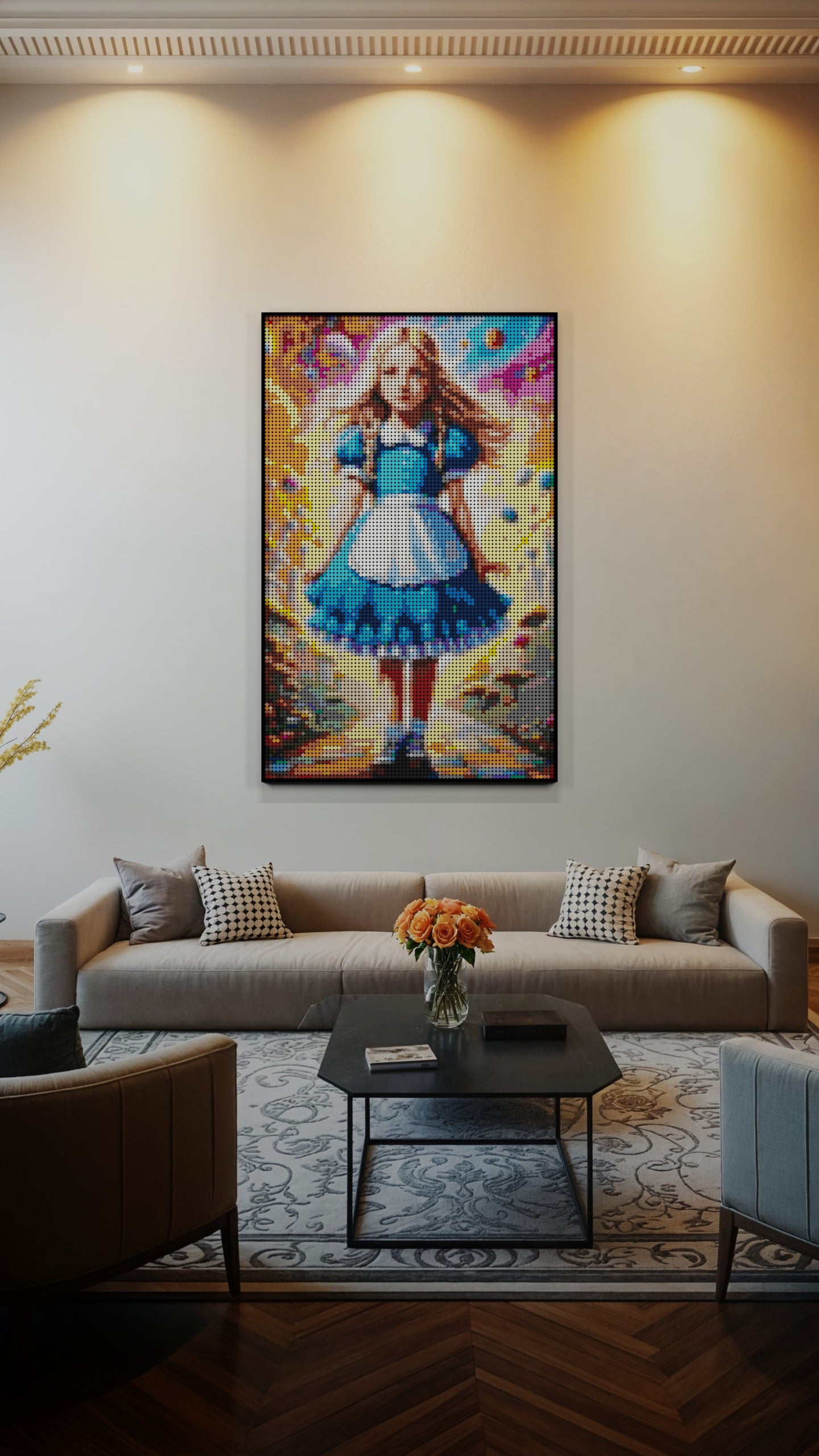 Alice in Wonderland LEGO® Style mosaic wall art made from colorful plastic bricks